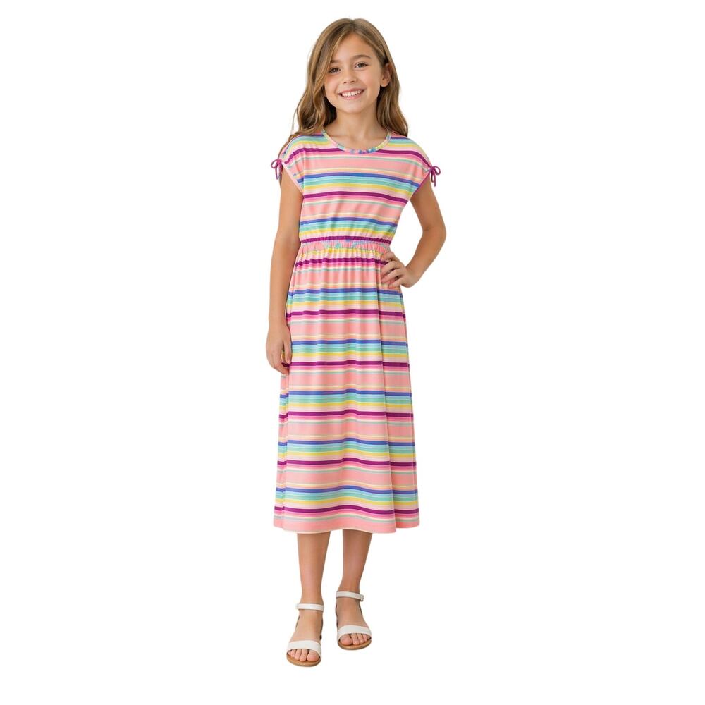 Gymboree Girls Rainbow Stripe Midi Dress XL 14 Knit Cap Sleeve Twirl Soft Preppy